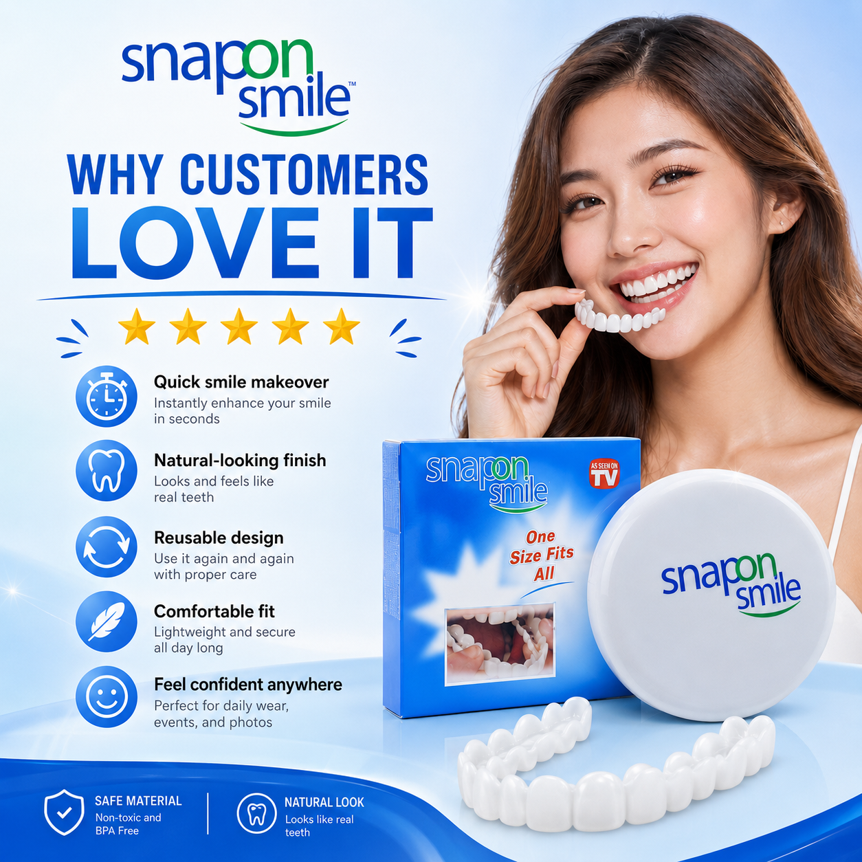 Removable White Teeth Veneers Covers Gaps, Yellow, Missing & Crooked Teeth - One Size Fits All, No Dentist Needed