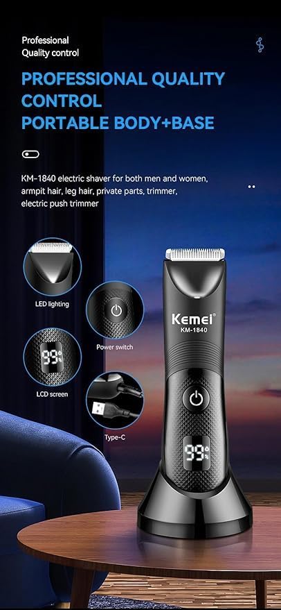 Kemei KM-1840 IPX7 Waterproof Body & Bikini Trimmer | LED Display | ماكينة إزالة الشعر