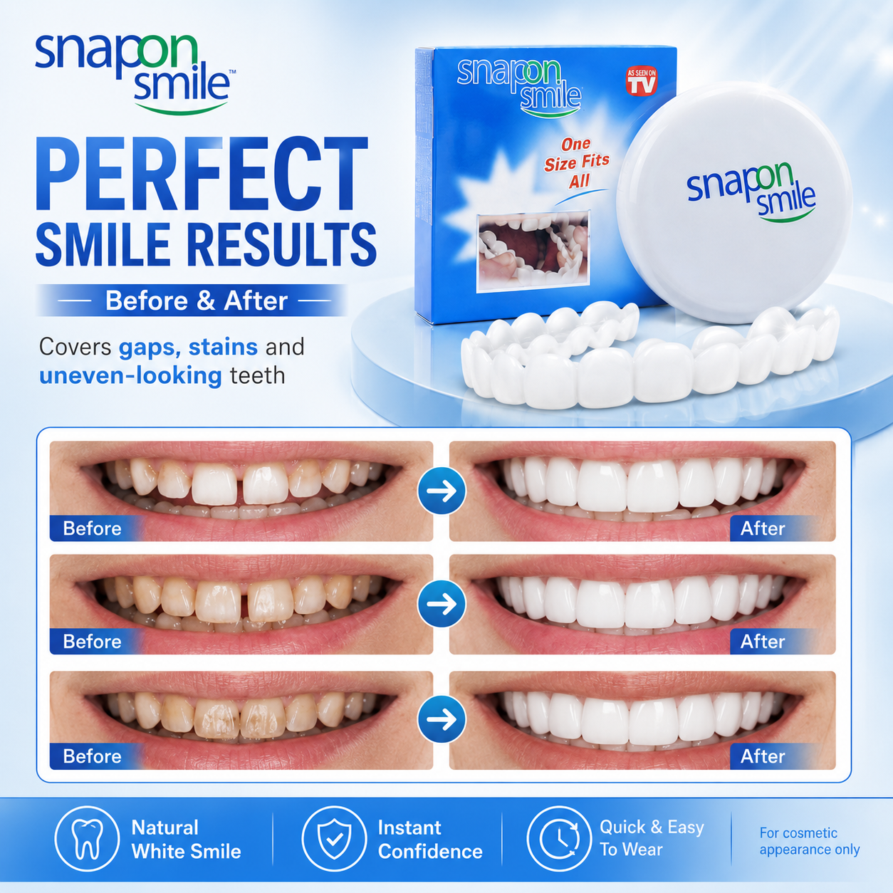 Removable White Teeth Veneers Covers Gaps, Yellow, Missing & Crooked Teeth - One Size Fits All, No Dentist Needed