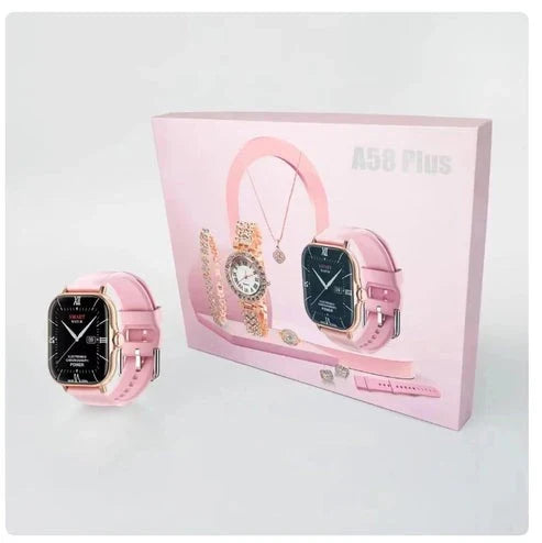 7 in 1 set A58 plus Suit with 2 straps Earrings bracelets necklaces set BT Call 2.02inch women smartwatch